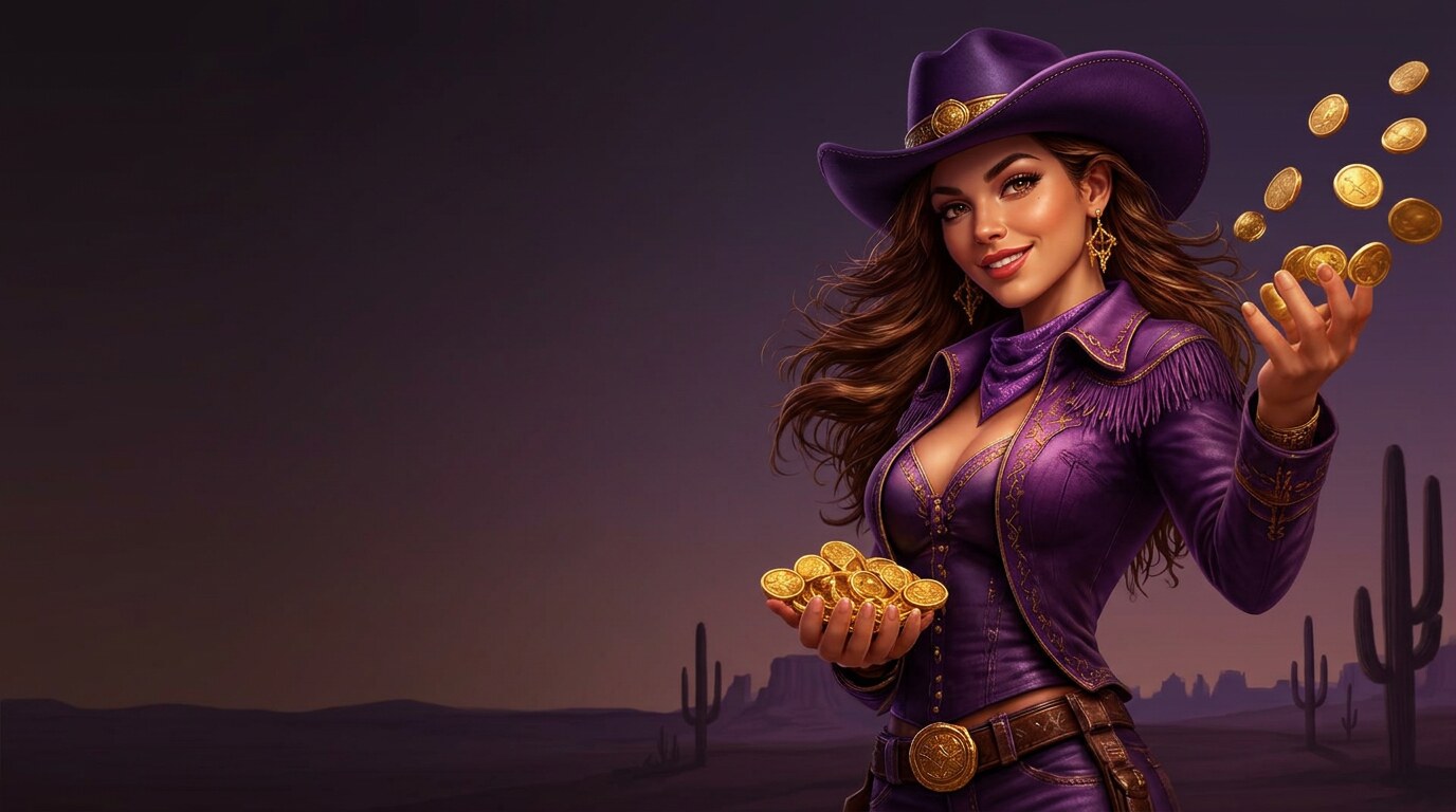 Sunset Valley cowgirl tossing gold coins to celebrate the weekly cashback